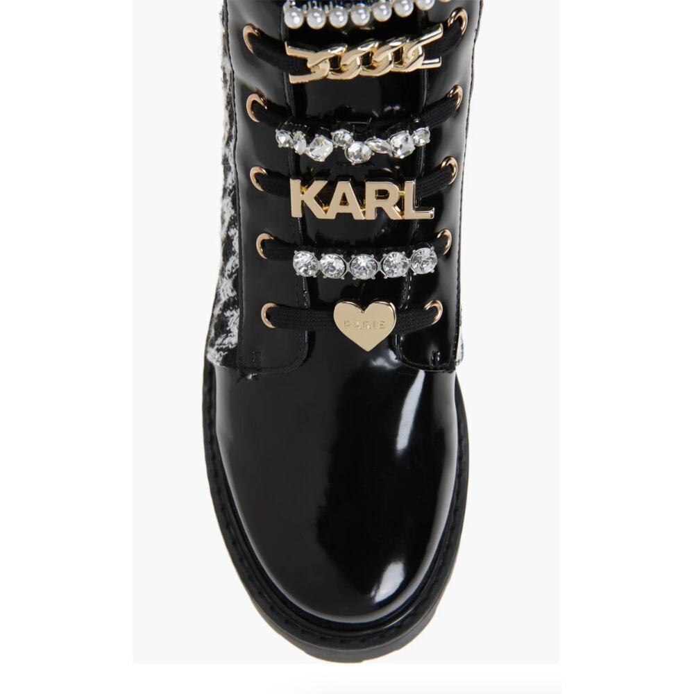 Karl Lagerfeld Paris Mela Tweed Combat Boot | Womens 6, Black White Houndstooth - Picture 7 of 7